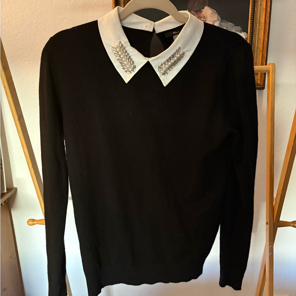 Milano Black Sweater with Embellished White Collar